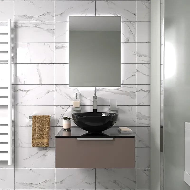 pemberton gold 600mm wall hung black sink unit black glass top