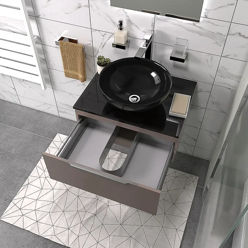 pemberton gold 600mm wall hung black sink unit black glass top