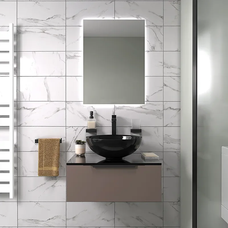 pemberton gold 600mm wall hung black sink unit black glass top