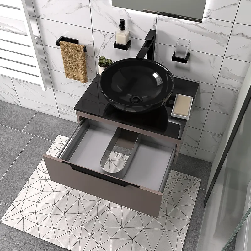pemberton gold 600mm wall hung black sink unit black glass top