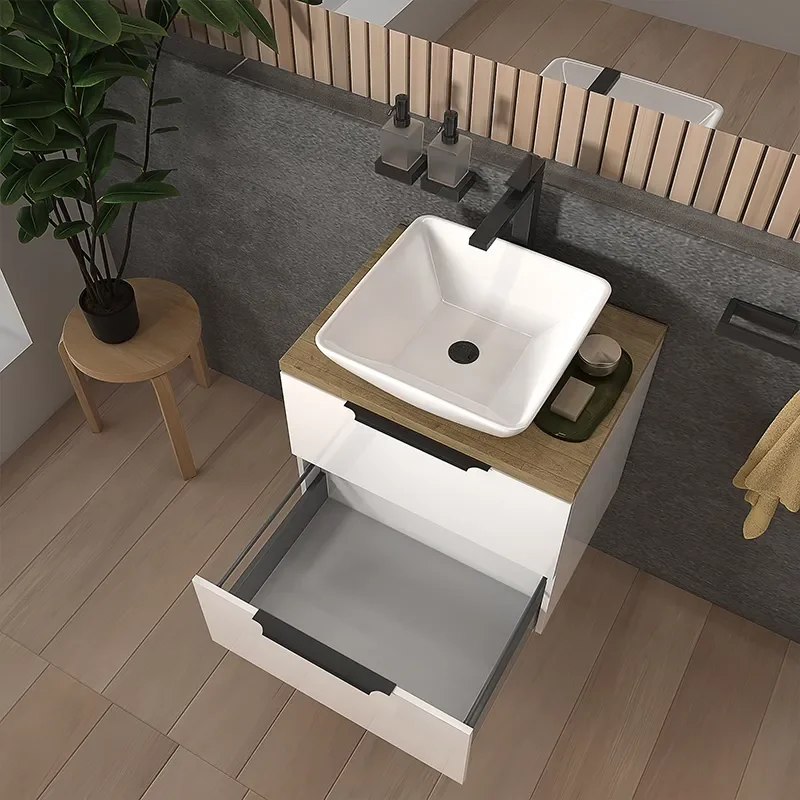 sonix white 600 wall hung bathroom unit with oak worktop