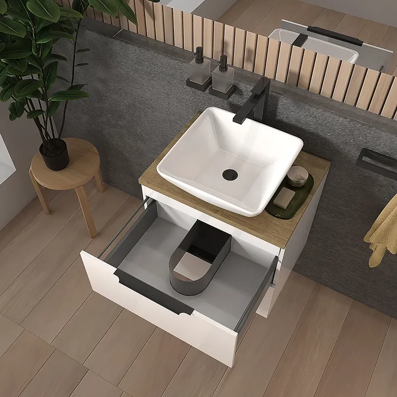 sonix white 600 wall hung bathroom unit with oak worktop