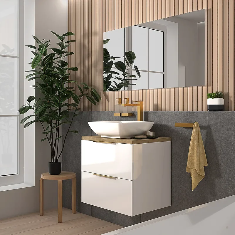 sonix white 600 wall hung bathroom unit with oak worktop