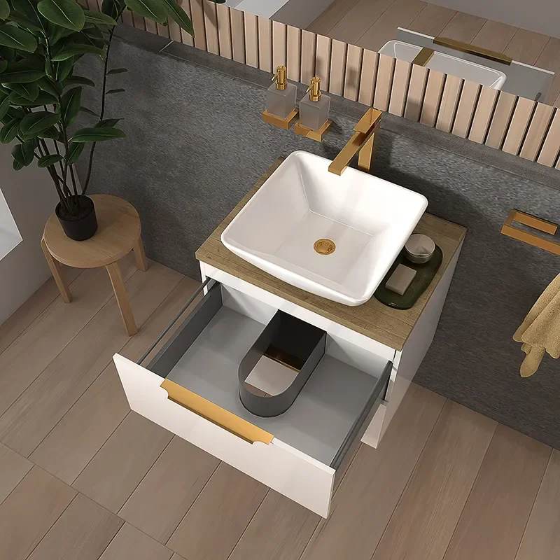 sonix white 600 wall hung bathroom unit with oak worktop