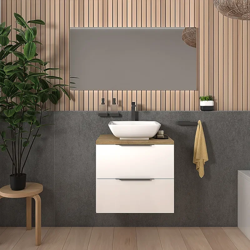 sonix white 600 wall hung bathroom unit with oak worktop