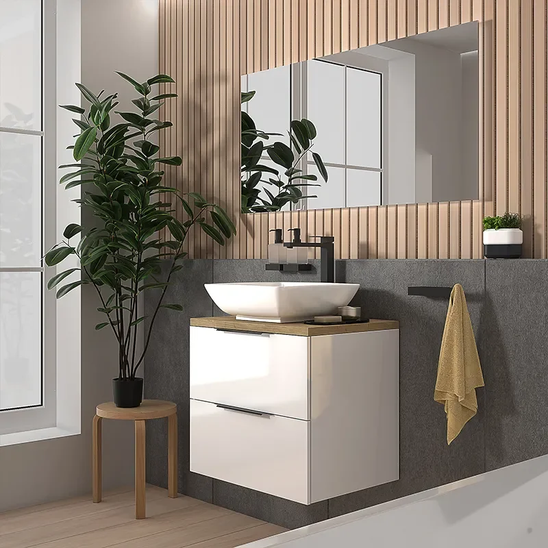 sonix white 600 wall hung bathroom unit with oak worktop