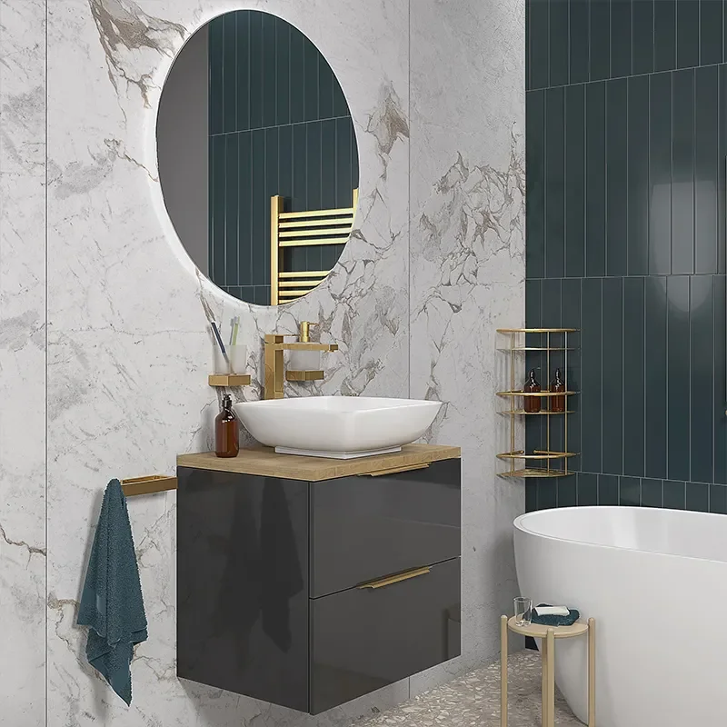 sonix grey 600 wall hung bathroom unit with oak countertop