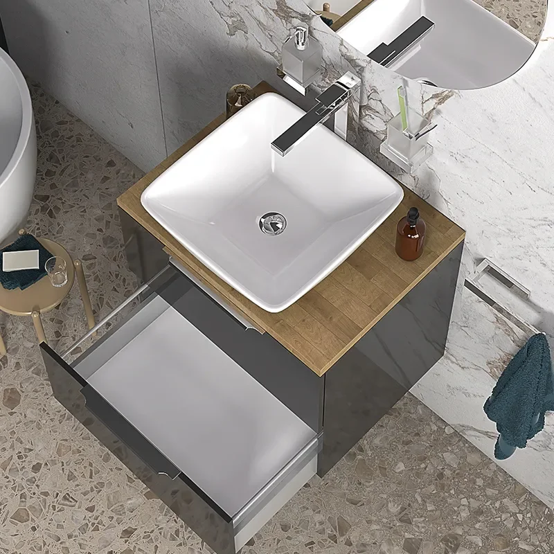 sonix grey 600 wall hung bathroom unit with oak countertop