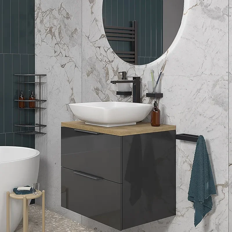 sonix grey 600 wall hung bathroom unit with oak countertop