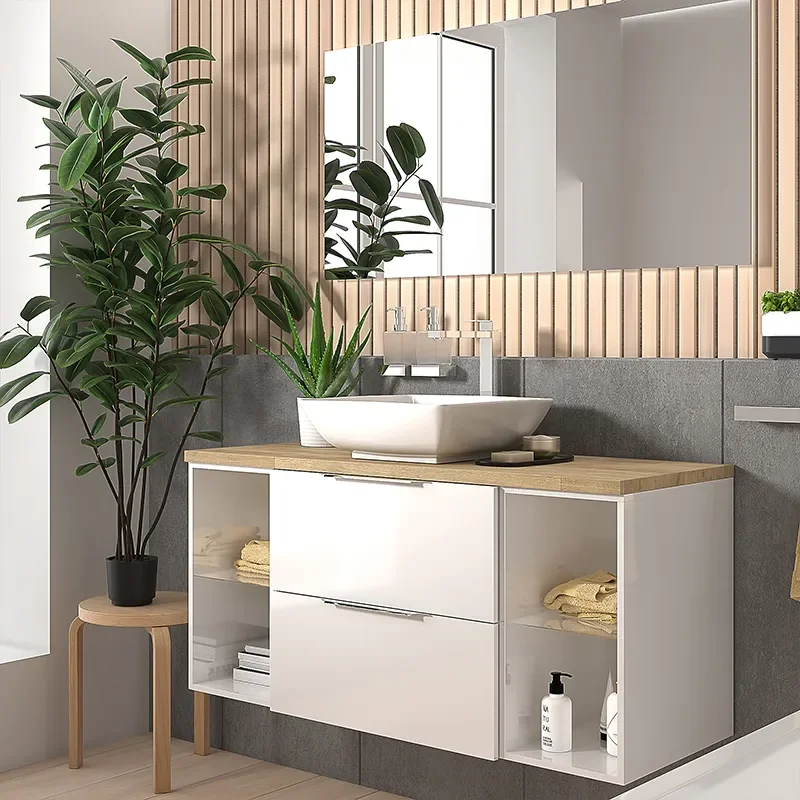 sonix white 1200 vanity unit with oak countertop