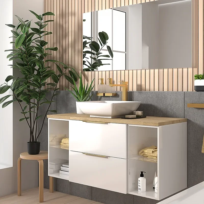 sonix white 1200 vanity unit with oak countertop