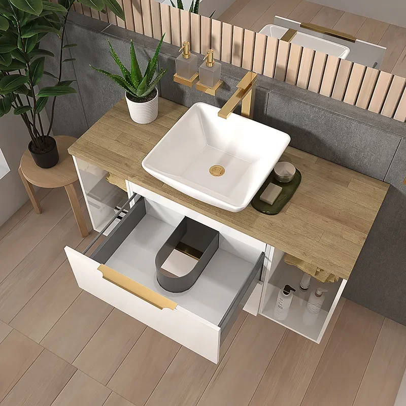 sonix white 1200 vanity unit with oak countertop