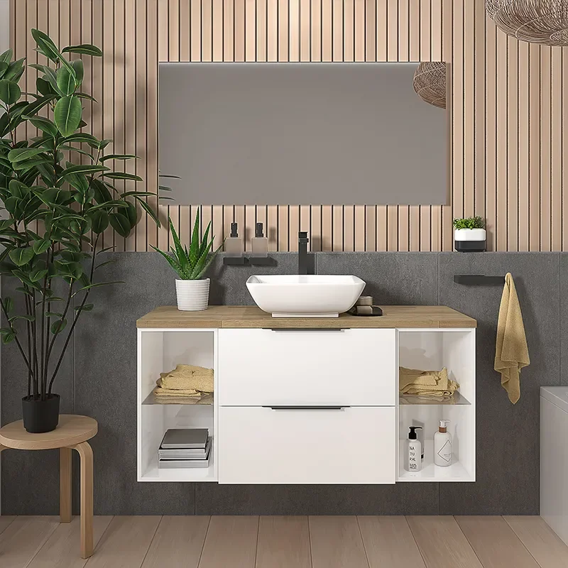 sonix white 1200 vanity unit with oak countertop