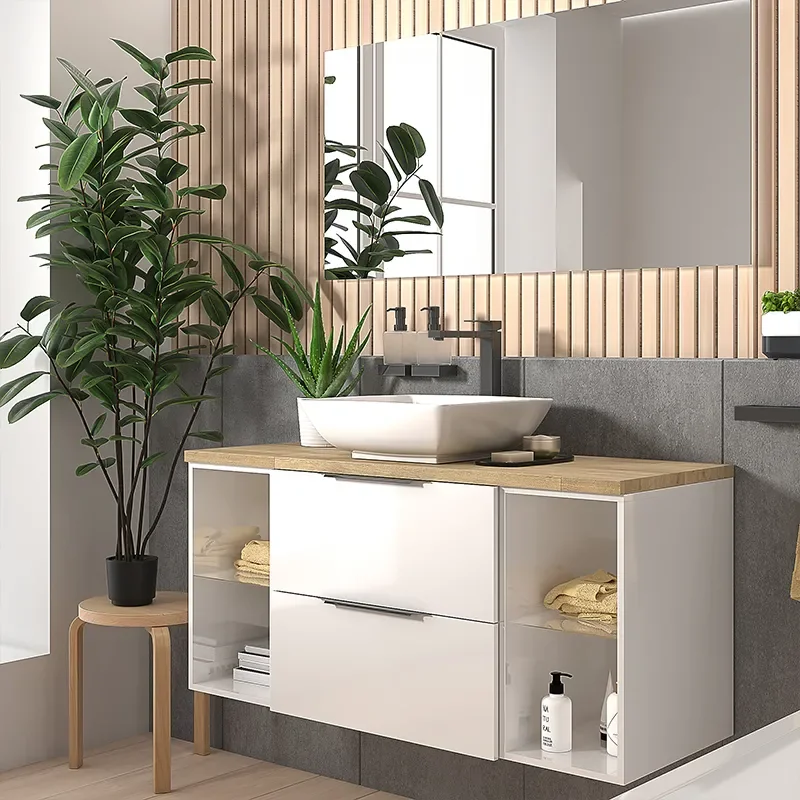 sonix white 1200 vanity unit with oak countertop