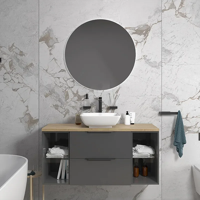 sonix grey 1200 vanity basin unit with oak worktop