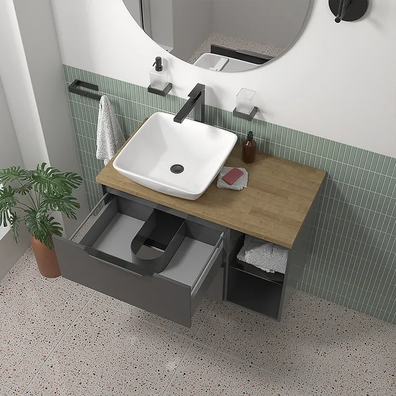 sonix grey 900 wall hung unit with oak countertop