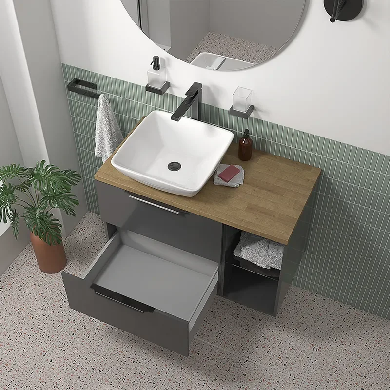 sonix grey 900 wall hung unit with oak countertop