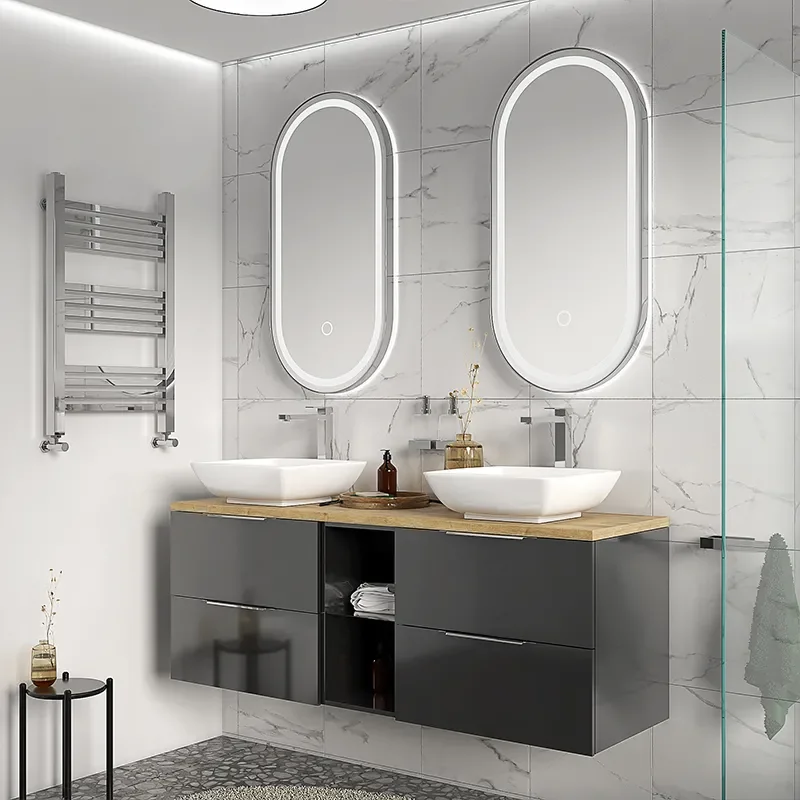 sonix grey 1500 wall hung vanity storage unit with oak countertop
