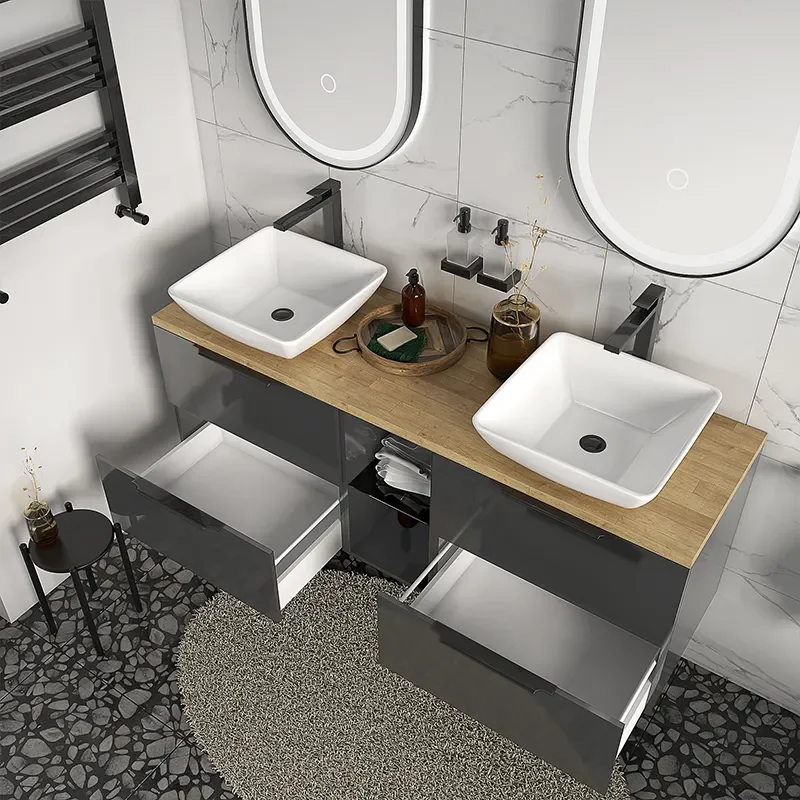 sonix grey 1500 wall hung vanity storage unit with oak countertop