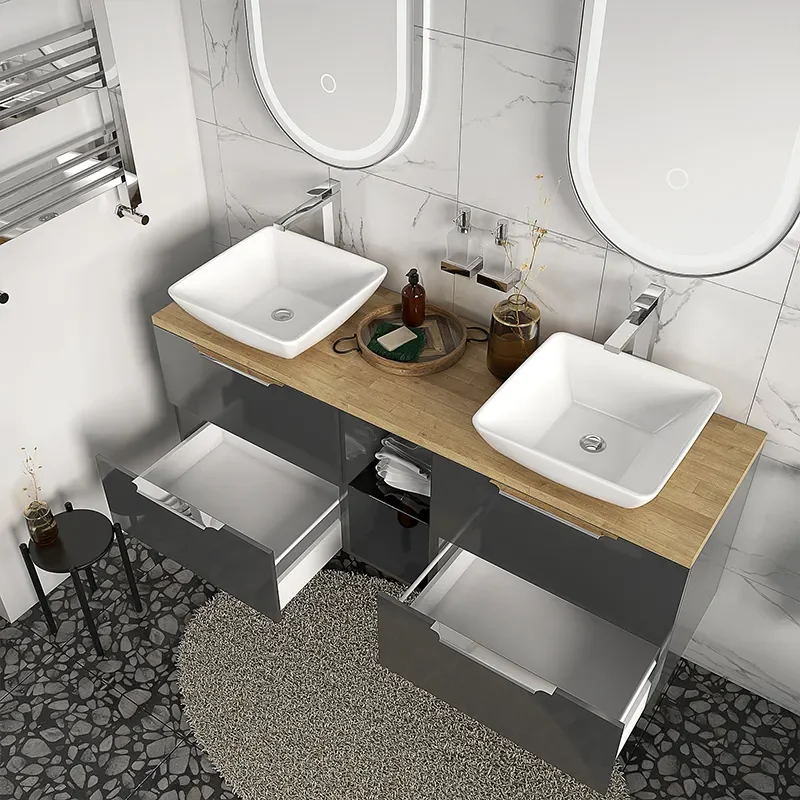 sonix grey 1500 wall hung vanity storage unit with oak countertop