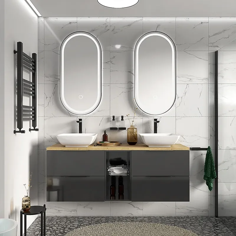 sonix grey 1500 wall hung vanity storage unit with oak countertop