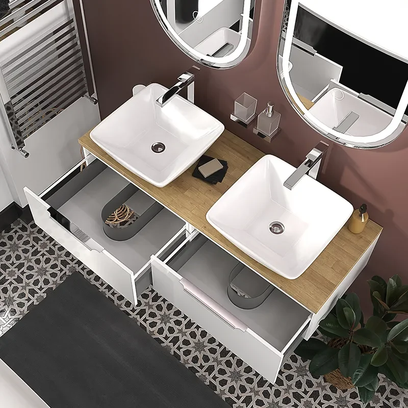 Jivana 1200 Wall Double Countertop Vanity Unit White with Oak Countertop