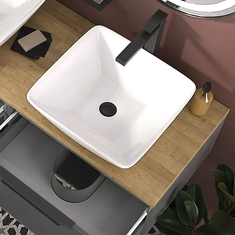 Jivana 1200 Wall Double Countertop Vanity Unit Grey with Oak Countertop