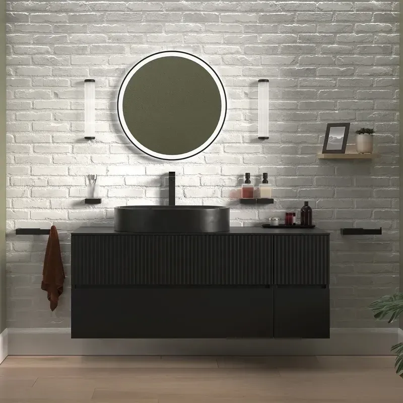 Product Image for 1300mm Black Wall Hung Vanity with Black Marble Basin & Side Unit 
