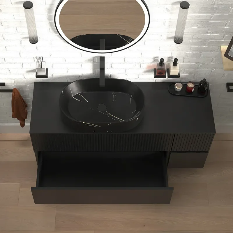 jasmine 1300 fluted black wall vanity with black sink 1 side unit