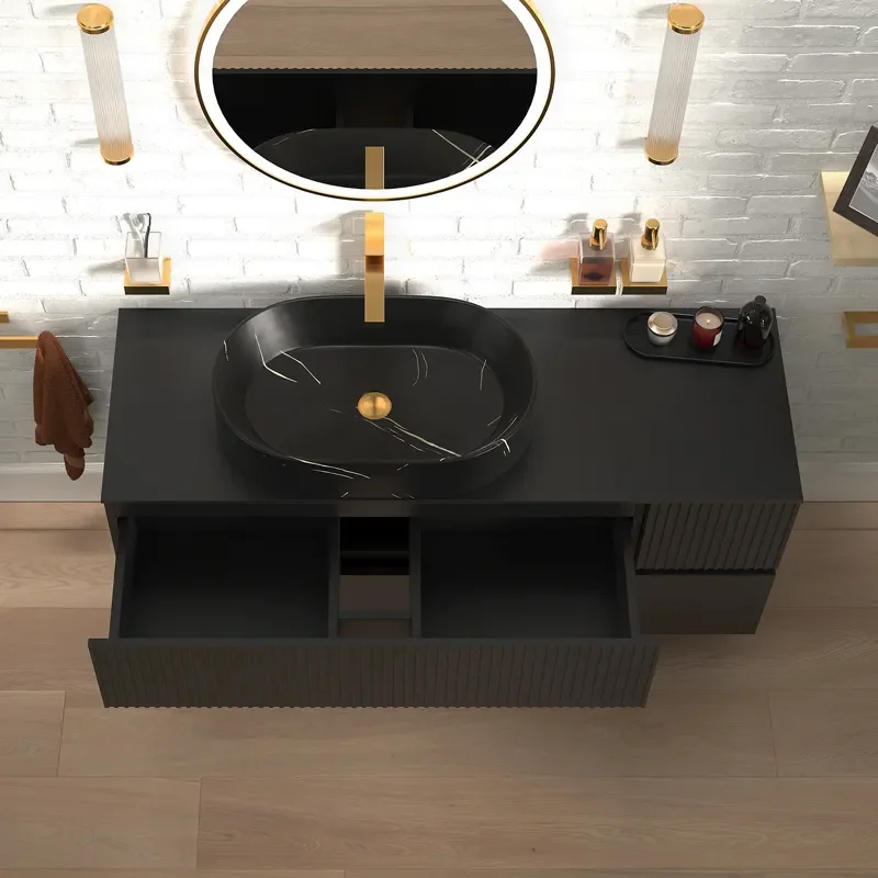 jasmine 1300 fluted black wall vanity with black sink 1 side unit
