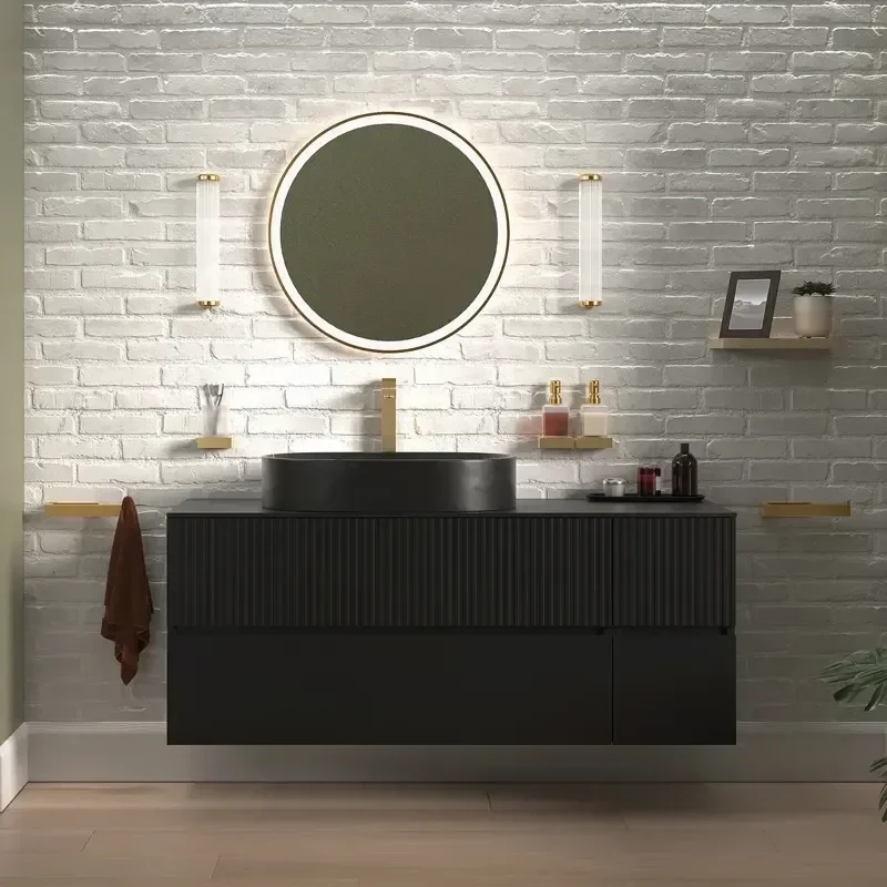 Product Image for 1300mm Black Wall Hung Vanity with Black Marble Basin & Side Unit 