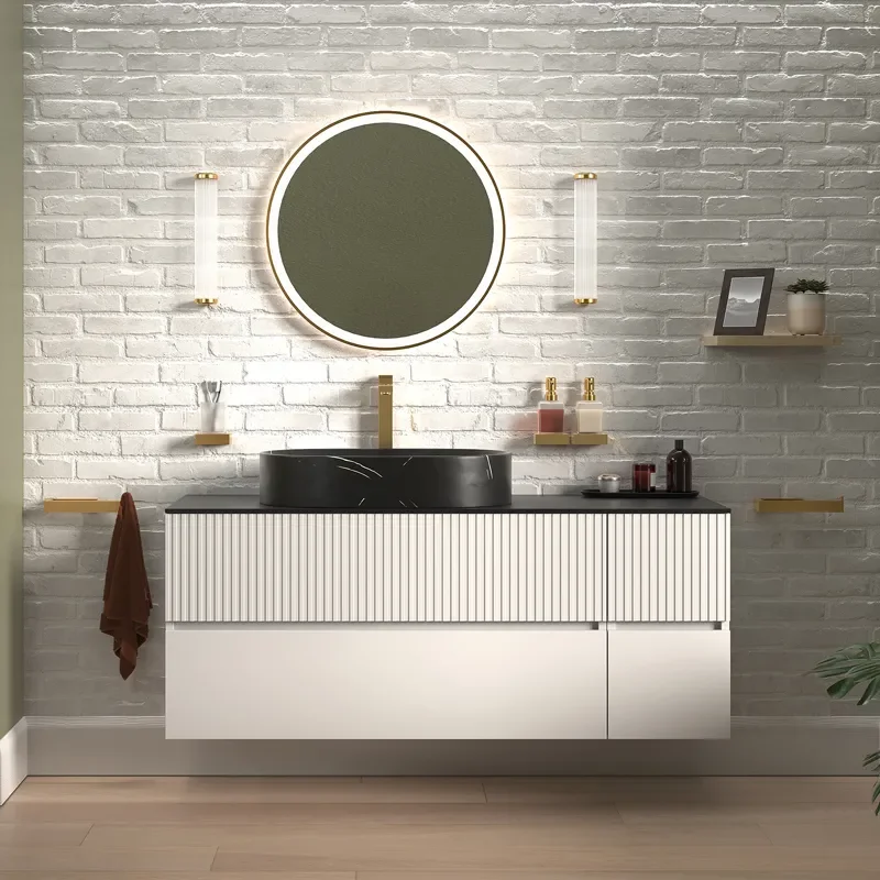 jasmine 1300 fluted white wall vanity with black basin 1 side unit