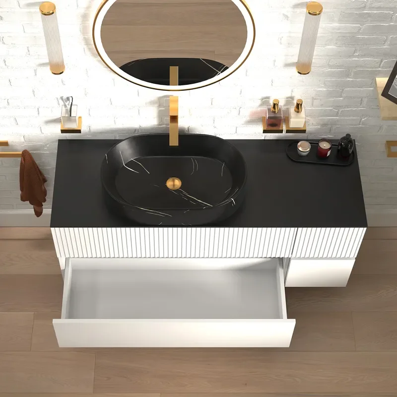jasmine 1300 fluted white wall vanity with black basin 1 side unit