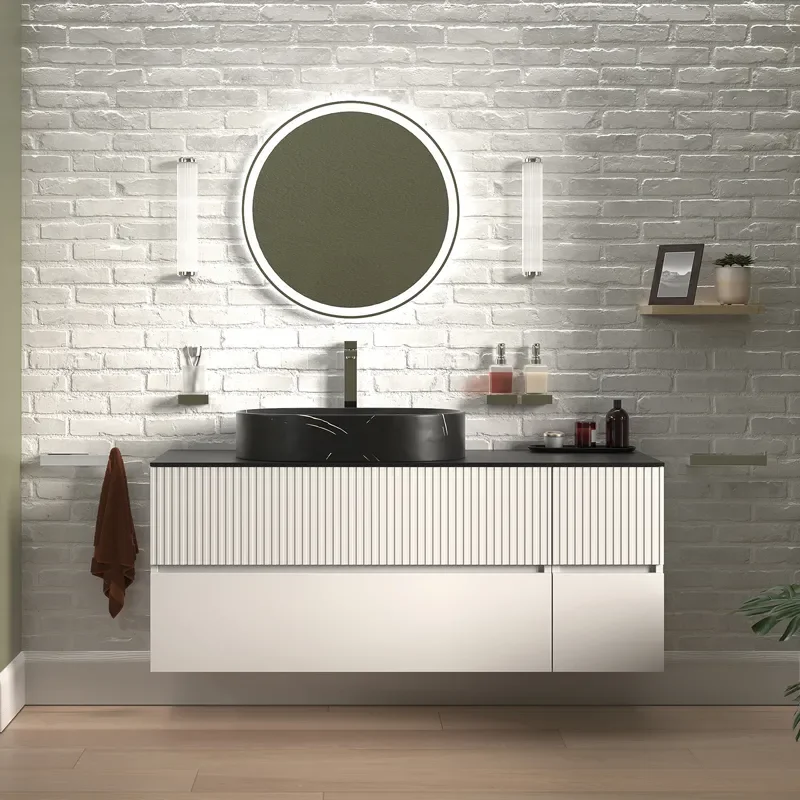jasmine 1300 fluted white wall vanity with black basin 1 side unit