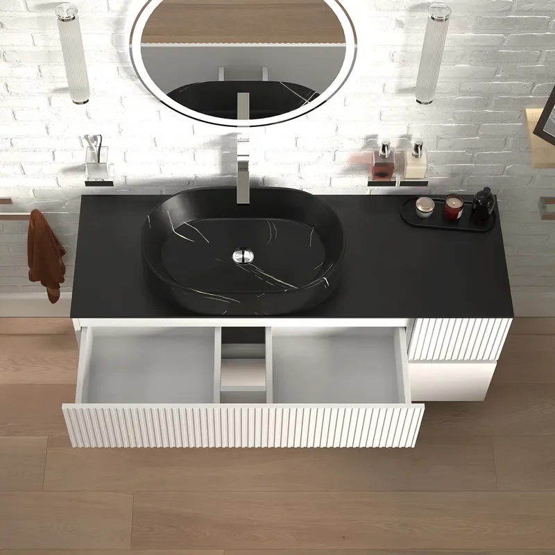 jasmine 1300 fluted white wall vanity with black basin 1 side unit