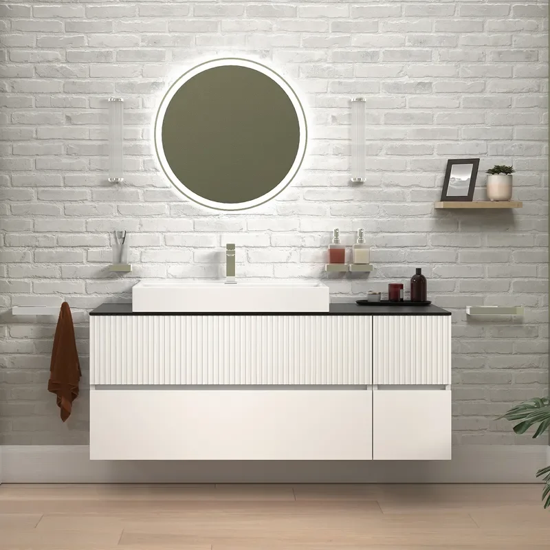 jasmine 1300 fluted white wall vanity with white sink 1 side unit