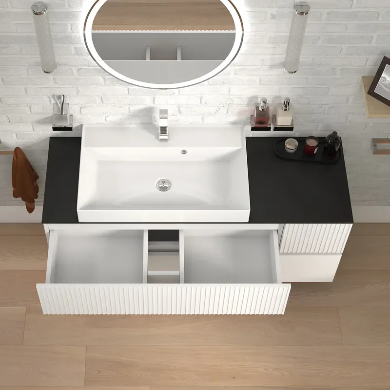 jasmine 1300 fluted white wall vanity with white sink 1 side unit