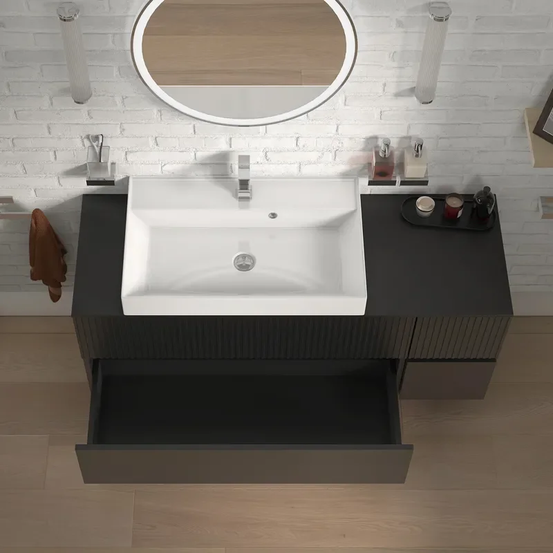 jasmine 1300 fluted black wall vanity with white basin 1 side unit
