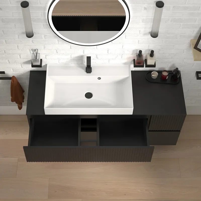 jasmine 1300 fluted black wall vanity with white basin 1 side unit
