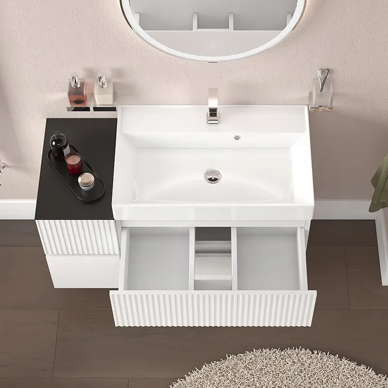 jasmine 1000 fluted white wall vanity with white basin 1 side unit