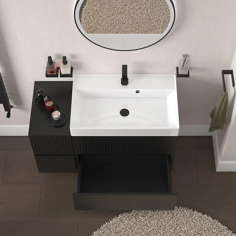 jasmine 1000 fluted black wall vanity with white sink 1 side unit