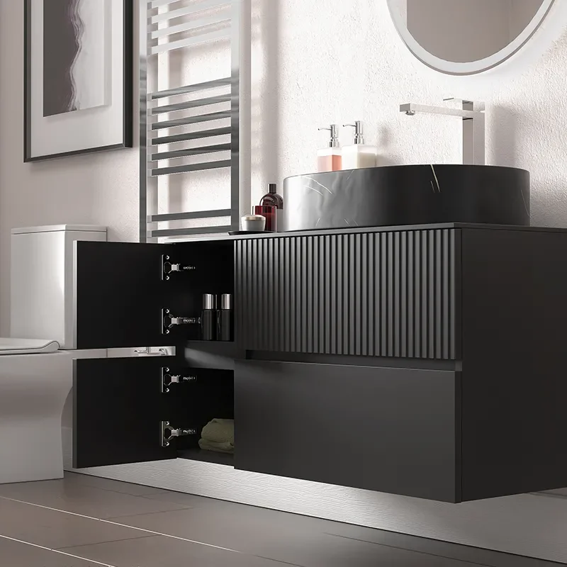 jasmine 1000 fluted black wall vanity with black sink 1 side unit