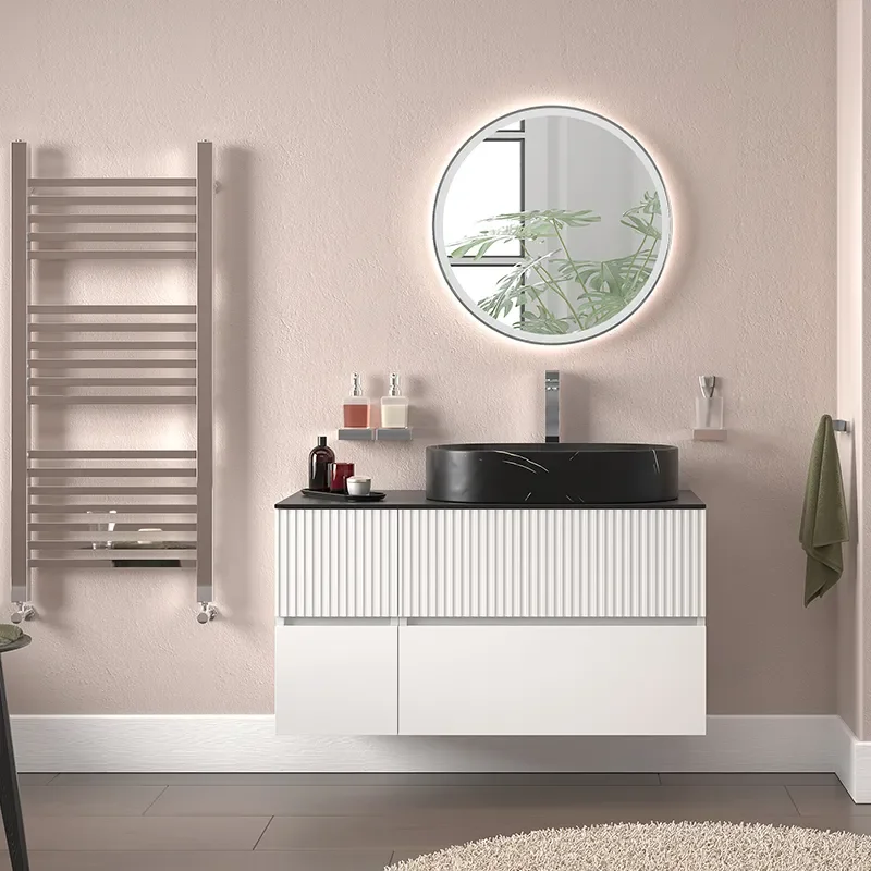 jasmine 1000 fluted white wall vanity with black basin 1 side unit