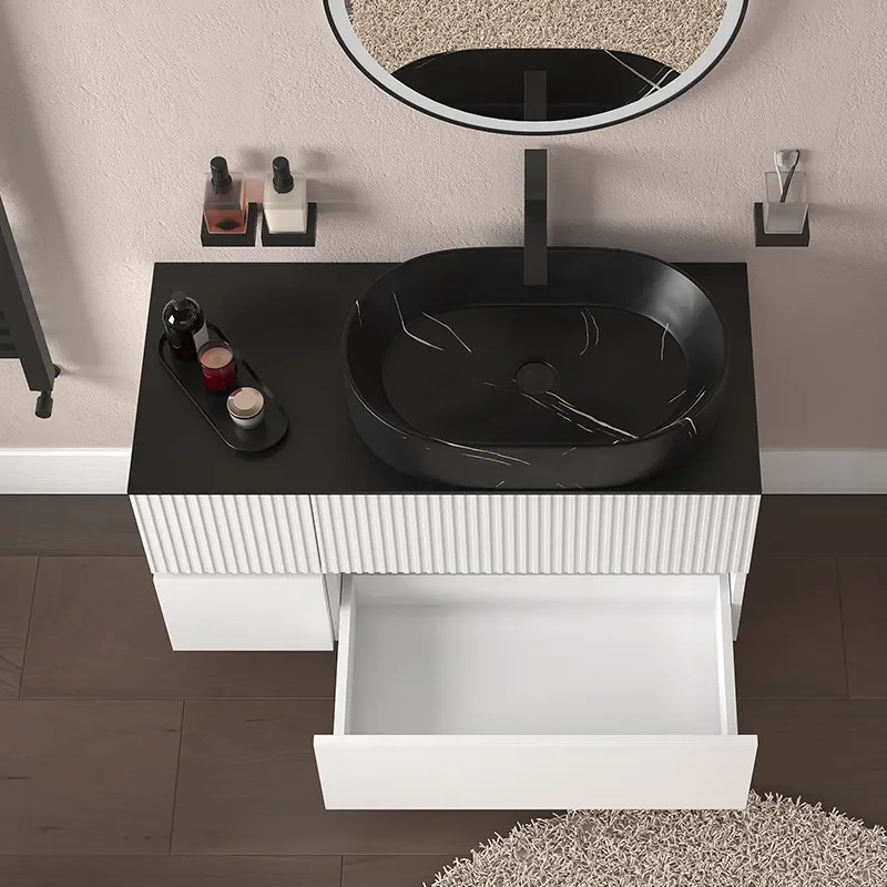 jasmine 1000 fluted white wall vanity with black basin 1 side unit