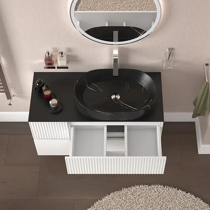 jasmine 1000 fluted white wall vanity with black basin 1 side unit