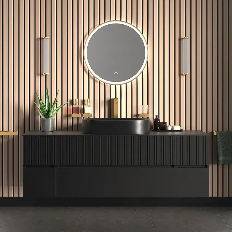 Jasmine 1600 Fluted Black Wall Vanity With Black Sink Two Side Units Product Image for 1600mm Black Wall Hung Vanity Unit with Countertop, Black Marble Sink & Two Side Units
