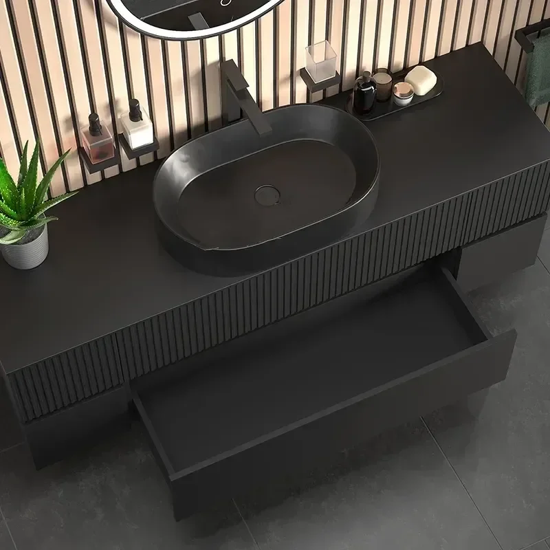 Jasmine 1600 Fluted Black Wall Vanity With Black Sink Two Side Units 1 Product Image for 1600mm Black Wall Hung Vanity Unit with Countertop, Black Marble Sink & Two Side Units