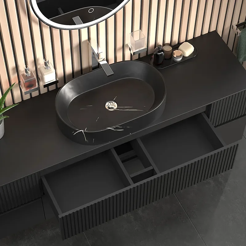 jasmine 1600 fluted black wall vanity with black sink two side units