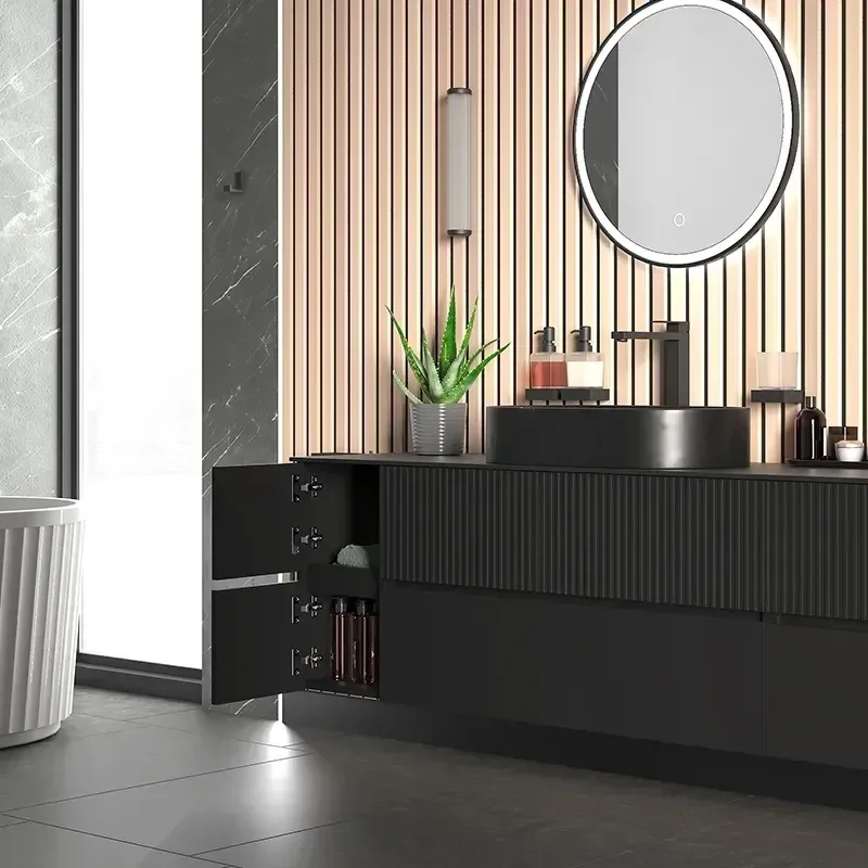 Jasmine 1600 Fluted Black Wall Vanity With Black Sink Two Side Units 3 Product Image for 1600mm Black Wall Hung Vanity Unit with Countertop, Black Marble Sink & Two Side Units