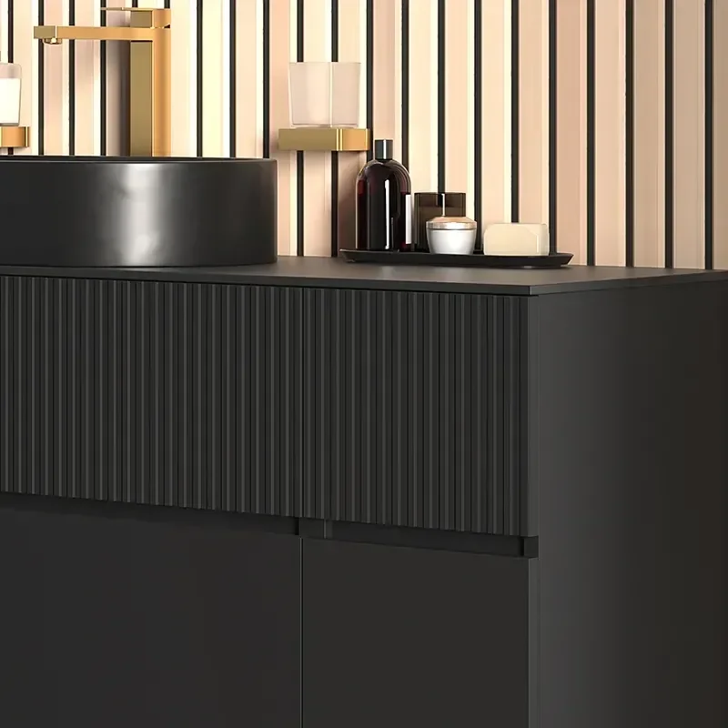 Jasmine 1600 Fluted Black Wall Vanity With Black Sink Two Side Units 4 Product Image for 1600mm Black Wall Hung Vanity Unit with Countertop, Black Marble Sink & Two Side Units